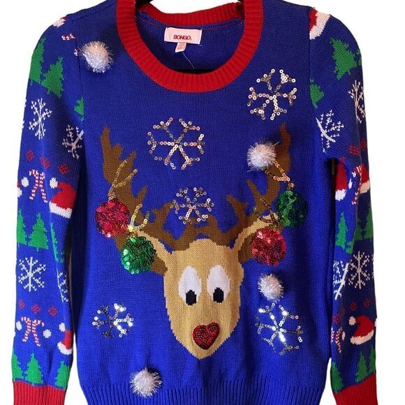 BONGO Y2K Christmas Sweater with Reindeer Pom-Poms & Sequins Size Small - Picture 2 of 8